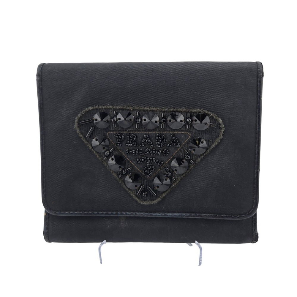Prada Black Tessuto Nylon Jeweled Triangle Logo Trifold Wallet Vintage Leather